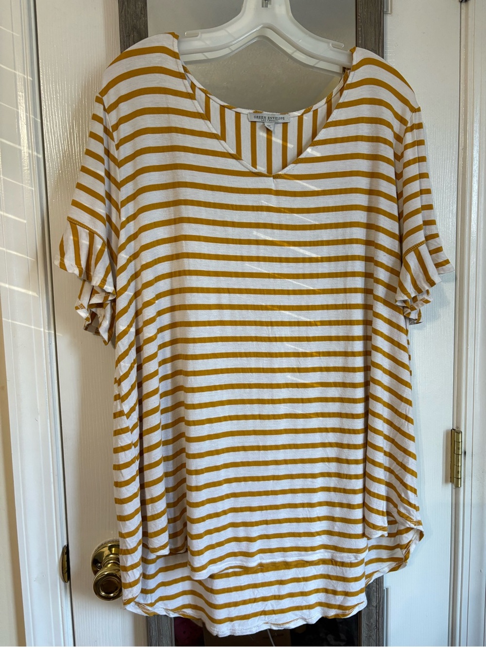 Green Envelope Mustard and White Striped V-Neck Flutter Sleeve Top